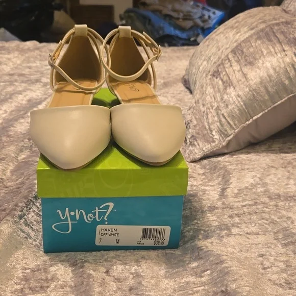 Women's Cream Ankle Strap Flats - Picture 2 of 4